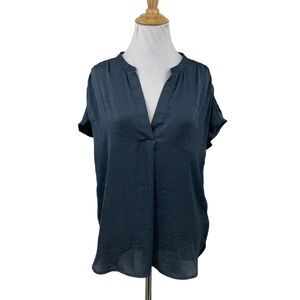 Lucky Brand Popover Shirt Womens M Medium Metal Shiny Gray Semi Sheer Blouse